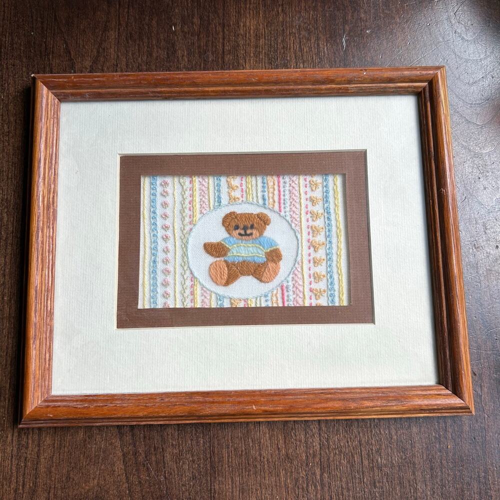 Vintage Framed Hand Made Crewel Embroidery Teddy Bear Sample Baby Nursery